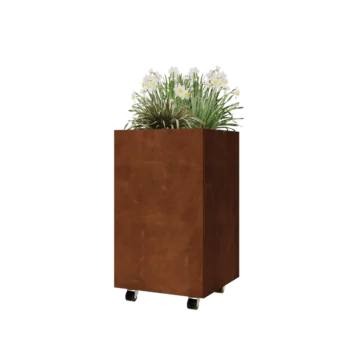 Corten plieno lauko vazonas - Kvadratas - 50 x 50 x 80 cm - Su dugno plokšte - Su ratais