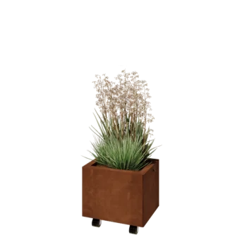 Corten plieno lauko vazonas - Stačiakampis - 40 x 30 x 30 cm - Su dugno plokšte - Su ratais