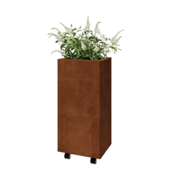 Corten plieno lauko vazonas - Stačiakampis - 40 x 30 x 80 cm - Su dugno plokšte - Su ratais