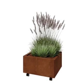 Corten plieno lauko vazonas - Stačiakampis - 60 x 50 x 30 cm - Su dugno plokšte - Su ratais