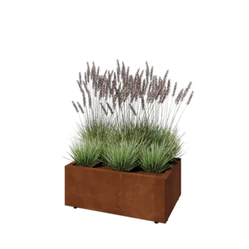 Corten plieno lauko vazonas - Stačiakampis - 80 x 50 x 30 cm - Su dugno plokšte - Su kojomis