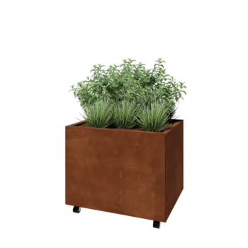 Corten plieno lauko vazonas - Stačiakampis - 80 x 60 x 60 cm - Su dugno plokšte - Su ratais