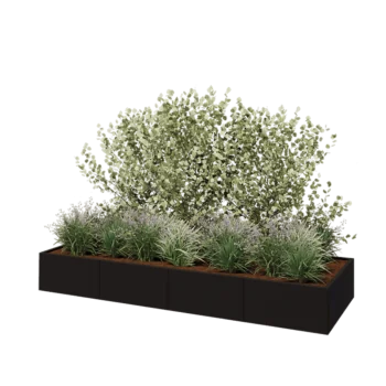 Plieninis lauko vazonas XXL - Stačiakampis - 320 x 100 x 40 cm - RAL9005 matinė (juoda) - Su dugno plokšte