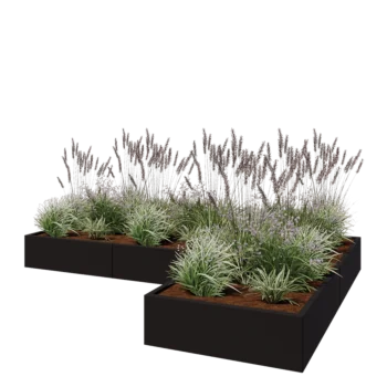 Plieninis lauko vazonas - L-forma - 300 x 200 x 30 cm - RAL9005 matinė (juoda) - Be dugno plokštės