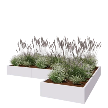 Plieninis lauko vazonas - L-forma - 300 x 200 x 30 cm - RAL9010 matinė (balta) - Su dugno plokšte