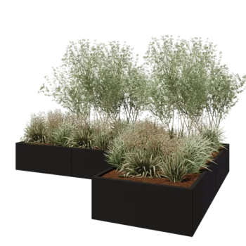 Plieninis lauko vazonas - L-forma - 300 x 200 x 40 cm - RAL9005 matinė (juoda) - Su dugno plokšte