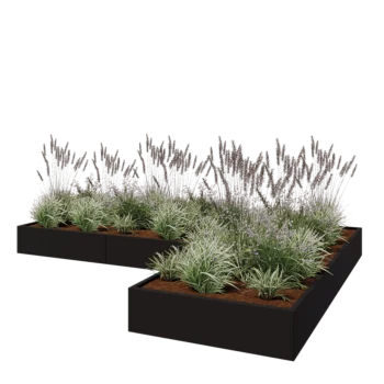 Plieninis lauko vazonas - L-forma - 360 x 240 x 30 cm - RAL9005 matinė (juoda) - Su dugno plokšte