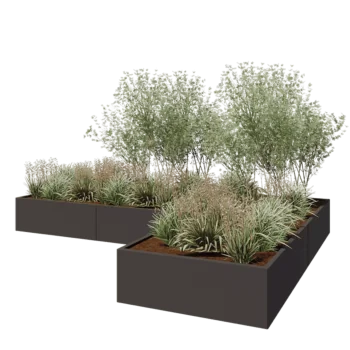 Plieninis lauko vazonas - L-forma - 360 x 240 x 40 cm - kita RAL spalva - Su dugno plokšte