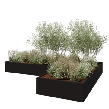 Plieninis lauko vazonas - L-forma - 360 x 240 x 40 cm - RAL9005 matinė (juoda) - Su dugno plokšte