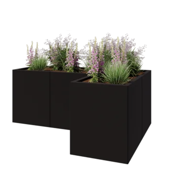 Plieninis lauko vazonas - L-forma - 150 x 100 x 60 cm - RAL9005 matinė (juoda) - Su dugno plokšte