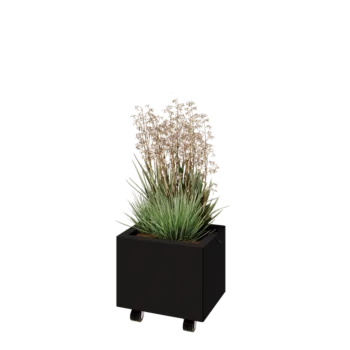 Plieninis lauko vazonas - Stačiakampis - 40 x 30 x 30 cm - RAL9005 matinė (juoda) - Su dugno plokšte - Su ratais