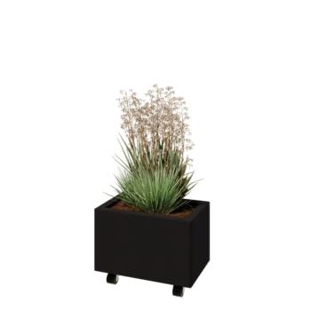 Plieninis lauko vazonas - Stačiakampis - 50 x 30 x 30 cm - RAL9005 matinė (juoda) - Su dugno plokšte - Su ratais