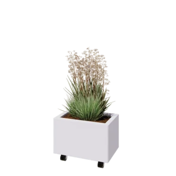 Plieninis lauko vazonas - Stačiakampis - 50 x 30 x 30 cm - RAL9010 matinė (balta) - Su dugno plokšte - Su ratais