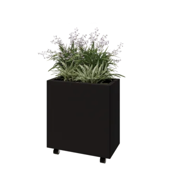 Plieninis lauko vazonas - Stačiakampis - 60 x 30 x 60 cm - RAL9005 matinė (juoda) - Su dugno plokšte - Su ratais