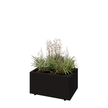 Plieninis lauko vazonas - Stačiakampis - 60 x 40 x 30 cm - RAL9005 matinė (juoda) - Su dugno plokšte - Su kojomis