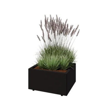 Plieninis lauko vazonas - Stačiakampis - 60 x 50 x 30 cm - RAL9005 matinė (juoda) - Su dugno plokšte - Su kojomis