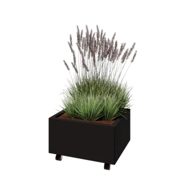 Plieninis lauko vazonas - Stačiakampis - 60 x 50 x 30 cm - RAL9005 matinė (juoda) - Su dugno plokšte - Su ratais