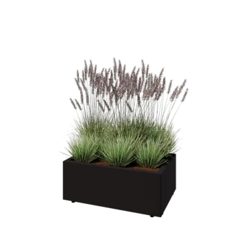 Plieninis lauko vazonas - Stačiakampis - 80 x 50 x 30 cm - RAL9005 matinė (juoda) - Su dugno plokšte - Su kojomis