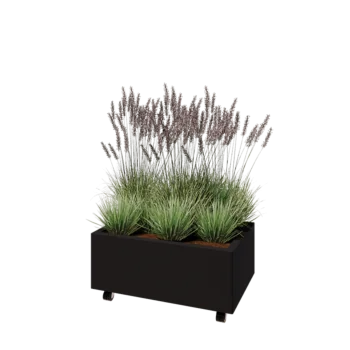 Plieninis lauko vazonas - Stačiakampis - 80 x 50 x 30 cm - RAL9005 matinė (juoda) - Su dugno plokšte - Su ratais