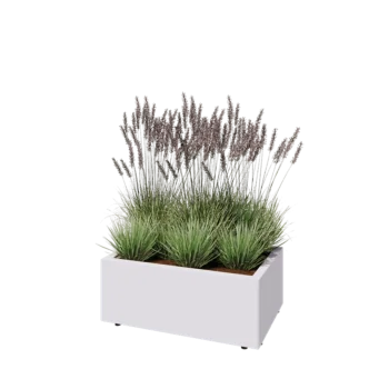 Plieninis lauko vazonas - Stačiakampis - 80 x 50 x 30 cm - RAL9010 matinė (balta) - Su dugno plokšte - Su kojomis