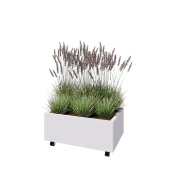 Plieninis lauko vazonas - Stačiakampis - 80 x 50 x 30 cm - RAL9010 matinė (balta) - Su dugno plokšte - Su ratais