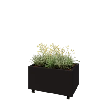 Plieninis lauko vazonas - Stačiakampis - 80 x 50 x 40 cm - RAL9005 matinė (juoda) - Su dugno plokšte - Su ratais