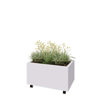 Plieninis lauko vazonas - Stačiakampis - 80 x 50 x 40 cm - RAL9010 matinė (balta) - Su dugno plokšte - Su ratais