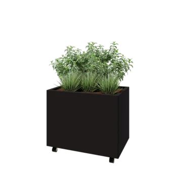 Plieninis lauko vazonas - Stačiakampis - 80 x 50 x 60 cm - RAL9005 matinė (juoda) - Su dugno plokšte - Su ratais