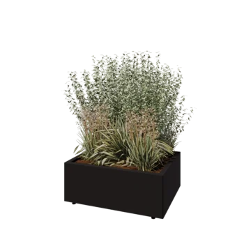 Plieninis lauko vazonas - Stačiakampis - 80 x 60 x 30 cm - RAL9005 matinė (juoda) - Su dugno plokšte - Su kojomis