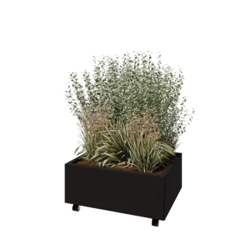 Plieninis lauko vazonas - Stačiakampis - 80 x 60 x 30 cm - RAL9005 matinė (juoda) - Su dugno plokšte - Su ratais