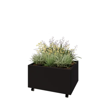 Plieninis lauko vazonas - Stačiakampis - 80 x 60 x 40 cm - RAL9005 matinė (juoda) - Su dugno plokšte - Su ratais