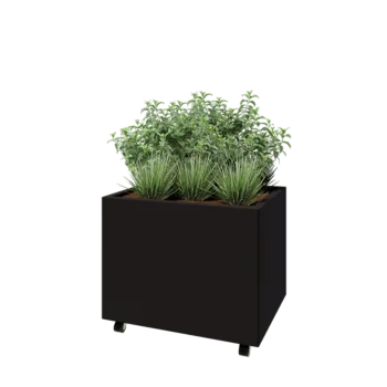 Plieninis lauko vazonas - Stačiakampis - 80 x 60 x 60 cm - RAL9005 matinė (juoda) - Su dugno plokšte - Su ratais