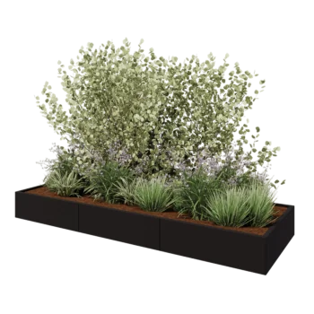 Plieninis lauko vazonas XXL - Stačiakampis - 300 x 100 x 30 cm - RAL9005 matinė (juoda) - Su dugno plokšte