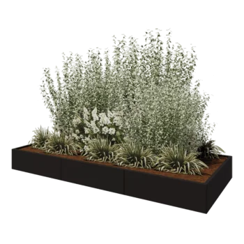 Plieninis lauko vazonas XXL - Stačiakampis - 300 x 120 x 30 cm - RAL9005 matinė (juoda) - Su dugno plokšte