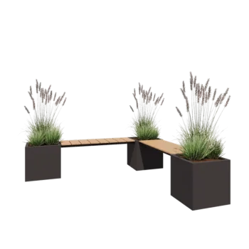 Plieninis lauko vazonas - Kvadratas - Kampinė konfigūracija - 221,2 x 221,2 x 50 cm - RAL7016 matinė (antracito pilka) - Su dugno plokšte - Su suoliuku